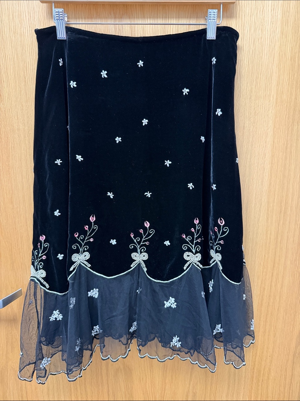 Odille Black Silk Blend Velvet Embroidered Bow A-Line Skirt with Tulle Hem